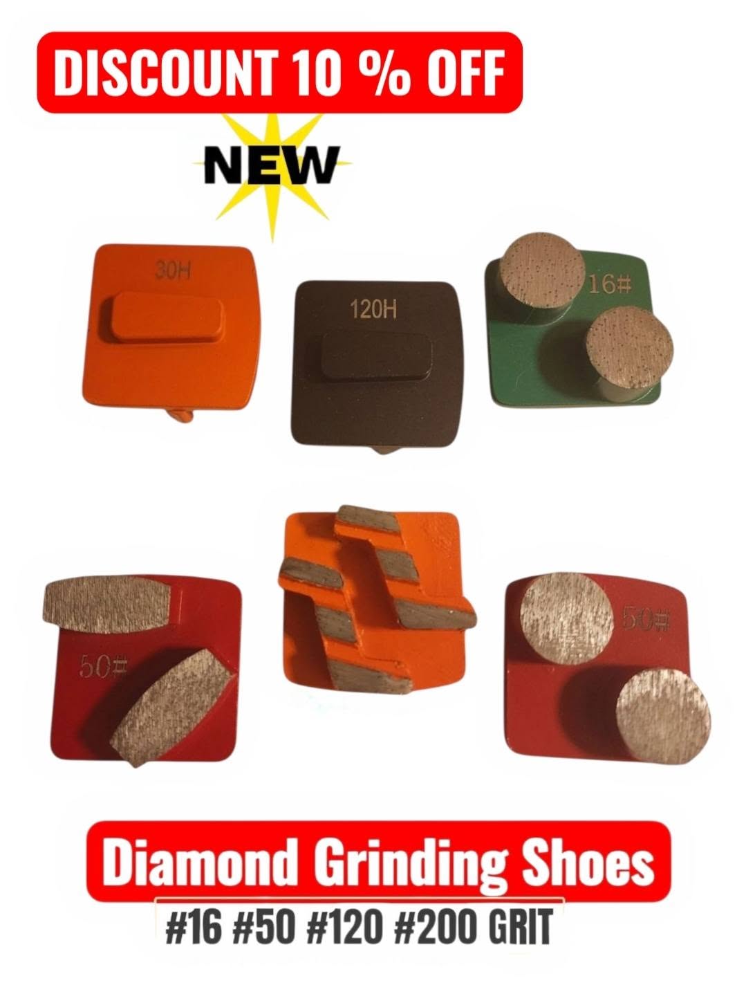 6 PCS DIAMOND GRINDING SHOES REDI-LOCK 30H 120H 16# 50# 